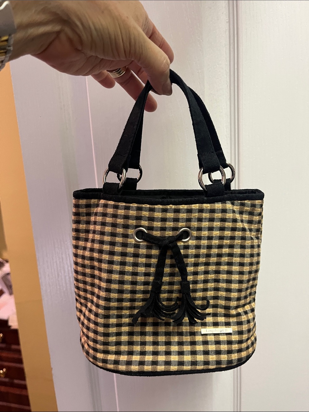 Longaberger Black and Tan Gingham Mini Bucket Bag
